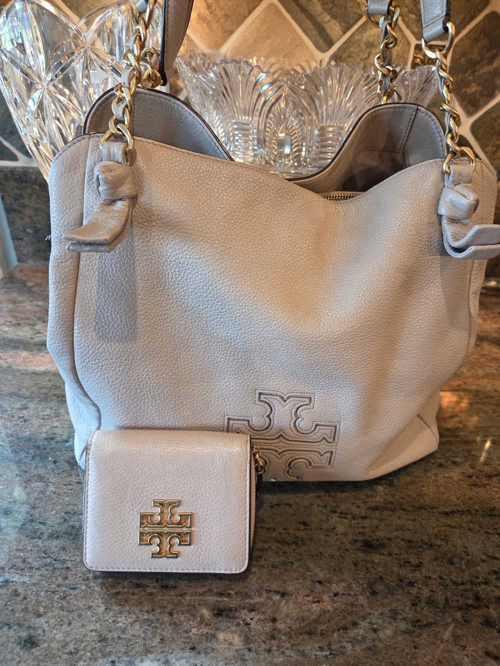 Tory Burch Pink Beige Leather Shoulder Bag with Matching Wallet